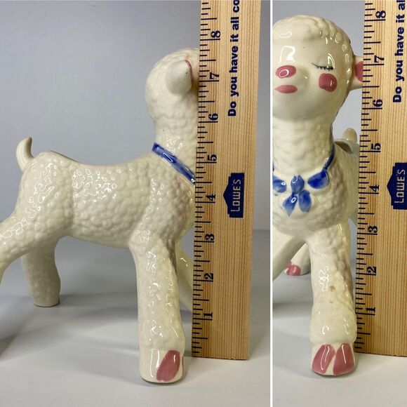 Vintage 8" Ceramic Lamb Planter Long Legs USA Nursery Decor Kitschy Rosy Cheeks - Picture 11 of 12